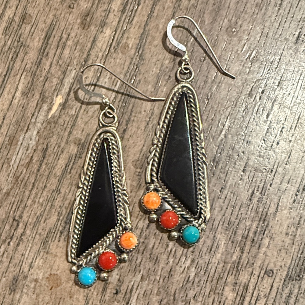Sterling Silver Vintage Navajo Onyx Earrings (artist L Spencer)